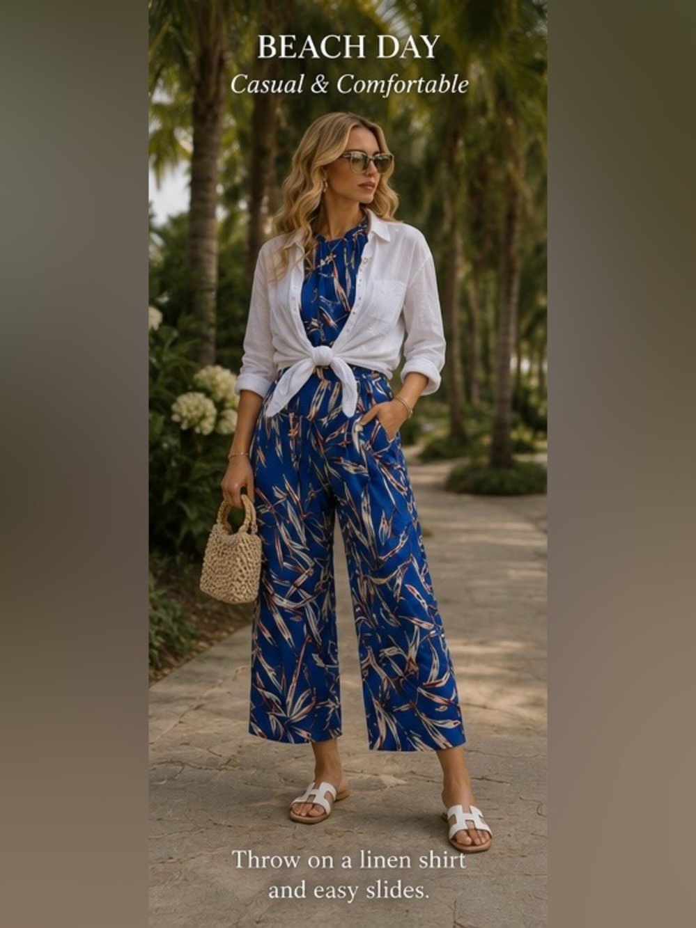 🔥Blogger Favorite Blue Tropical Print Cropped Jumpsuit ✨ Greece Vacation Luxe - Picture 7 of 13